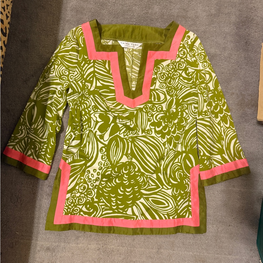 Trina Turk Olive Green Pink Silk Blend Tunic Top Size S Never Worn